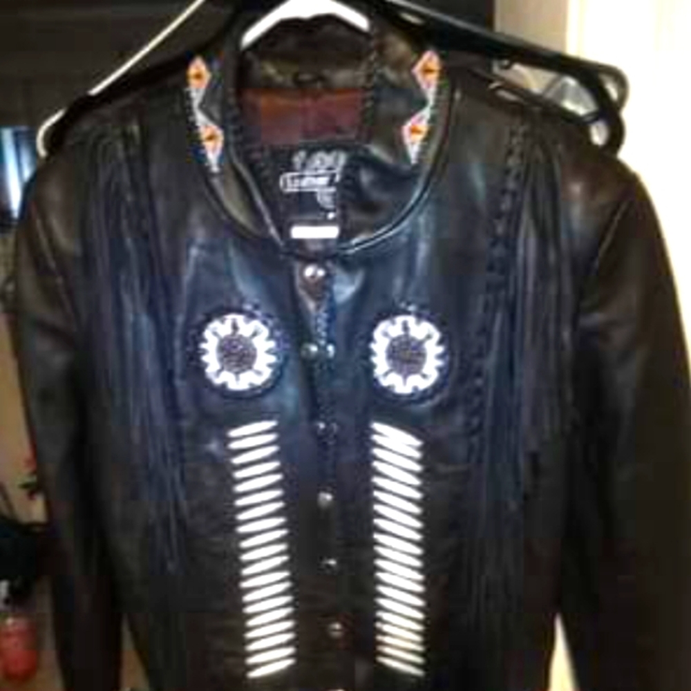 Western Suede Leather Jacket With Beads, Fringes And Bones.
